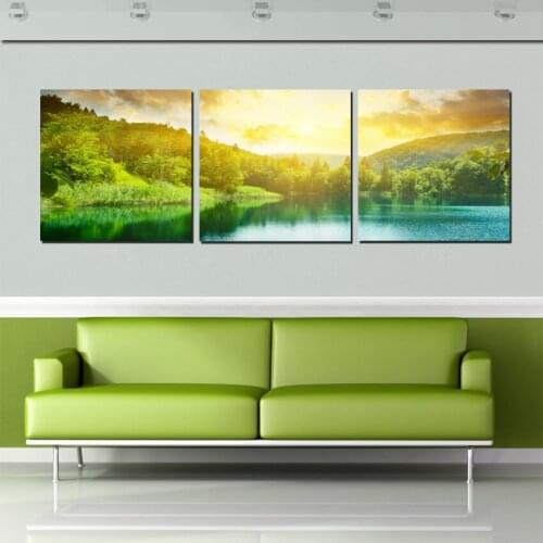 3 Panel Canvas Print Oil Painting Green Landscape Sunrise Lake View Wall Decor Art Paintings For Living Room Home Decor No Frame