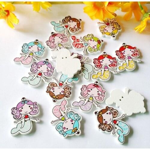40Pcs New Lovely Mermaid Buttons 32*23mm Painted Wooden Buttons Embellishment 2 Holes DIY buttons for Crafts Scrapbook decoratio