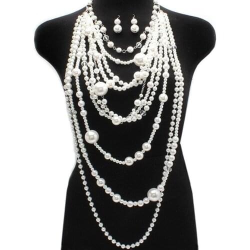 FREE SHIPPING! NEW STYLE P20 SILVER CHAINS IMITATION WHITE PEARLS CLEAR BEADS NECKLACE EARRINGS Chains JEWELRY 2 COLOR