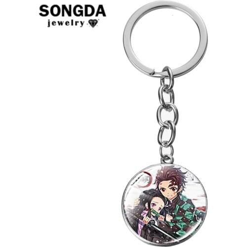 SONGDA Demon Slayer Cosplay Keychain Kamado Tanjirou Nezuko Anime Pattern Glass Cabochon Key Ring Silver Plated Metal Key Chain