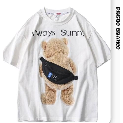 PRETO BRANCO High Street Bear Paste Cloth Short Sleeve T-shirt Male Student Couple Loose Pure Cotton Half Sleeve T-shirt