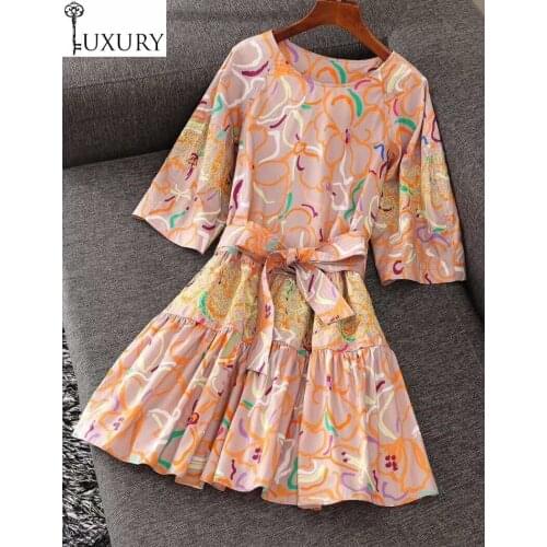 Quality Cotton 2020 Top Summer Style Women Geometric Print Embroidery Patchwork Large Swing Casual Sun Dress Princess Lady