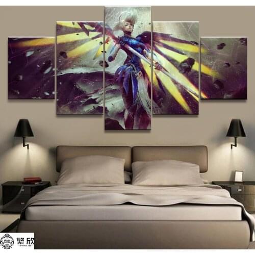 5 Panel Overwatch Mercy Game Canvas Printed Painting For Living Room Wall Art Home HD Decor Picture Artworks Modern Poster