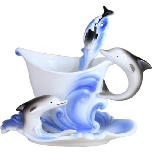 Ceramic Enamel Color Coffee Cup with Saucer and Spoon Sets European Style Dolphin Teacup Creative Milk Mug Gift Drinkware