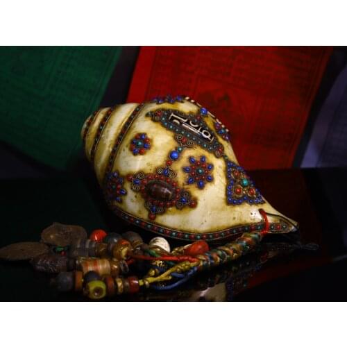 9"Tibetan Temple Collection Old Natural conch mosaic Gem Dzi Bead Snail river snail Pendant Ornaments Town House Exorcism