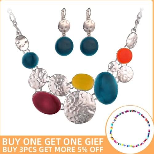 Fashion Enamel Necklace Earrings Jewelry Sets For Women Retro New Alloy Ethnic Female Choker Necklace Drop Earrings Set 2020