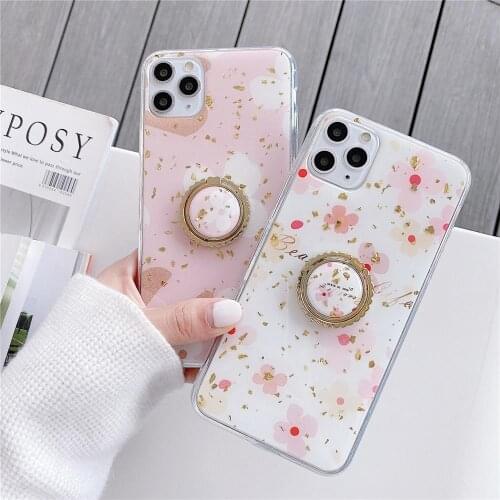 Korea Cute Glitter Gold Foil Flower Cloud Phone Case for iPhone 12 11 Pro XS MAX XR X SE 2 7 8 Plus Ring Holder Soft Back Cover
