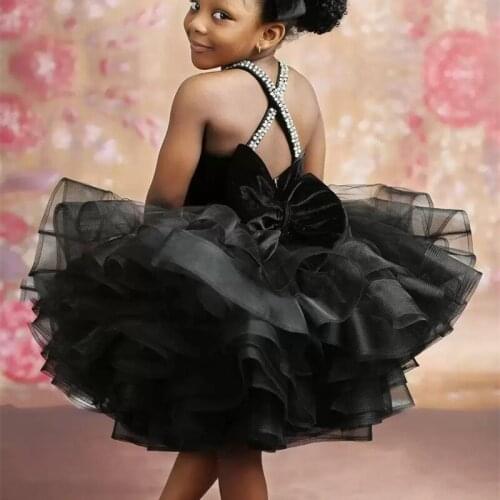 Lovely Black Velvet Flower Girl Dresses For Weddings Crystal Beads Criss Cross Back With Bow Ruffles Tiered Kids Communion Gown