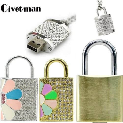 Metal Lock Shape USB Flash Drive 16GB 32GB 64GB 128GB 256GB Crystal Pendant Key Pen Drive USB 2.0 Memory Stick Pendrive Cle Usb