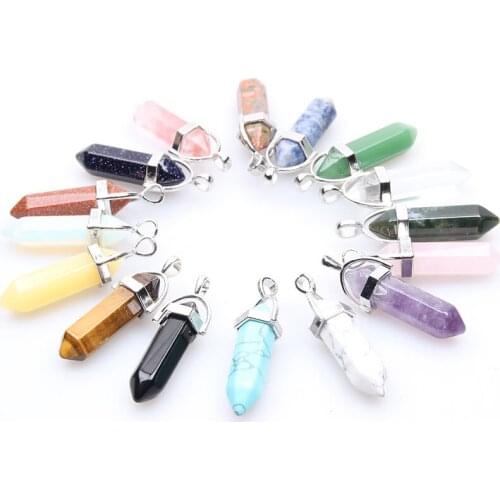 Multicolor Healing Point Chakra Pendants Hexagonal Quartz Crystals Bullet Shape Stone DIY Pendulum Beads For Jewelry Making Free