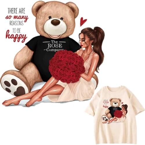 Fashion Girl Patches For Clothes DIY Washable T-Shirts Heat Transfer Thermal Stickers Beautiful Lady And Bear Iron On Appliqued