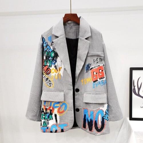 2021 Autumn New Fashion British Style Women Graffiti Letters Suit Jacket Women Long Sleeve Loose Mid Long Plaid Suit Coat Female