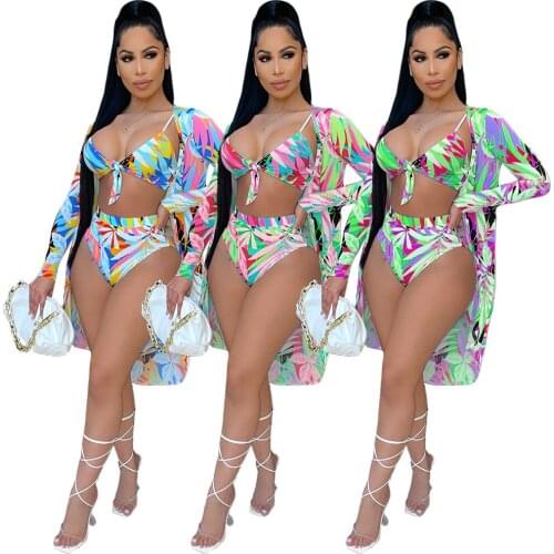 2021 New Arrival Vintage Casual 3 Piece Set Womens Outfits Bra Top + Shorts + Long Sleeve Coats Jacket Beach Suit Wholesale