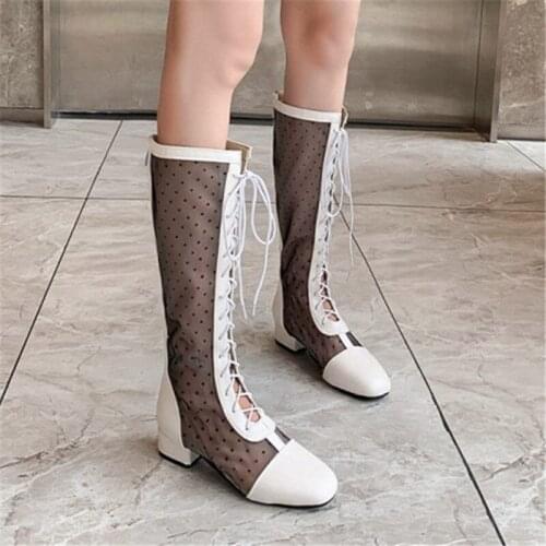 PXELENA Polka Dot Rome Summer Knee High Boots Mesh Women Low Heels Lace Up Zip Breathable Gladiator Sandals Lady Net Shoes 34-43