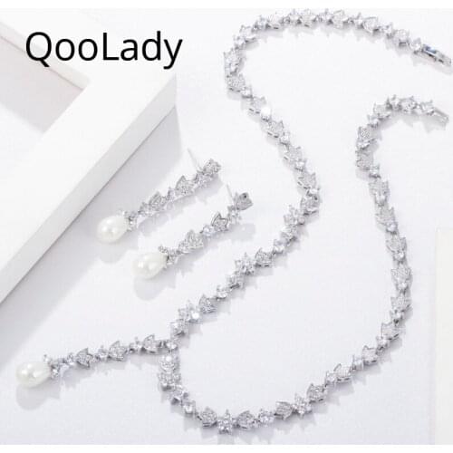 QooLady European Fancy Cubic Zircon Dangle Long Pearl Necklace Earring Wedding Engagement Costume Accessories Jewelry Sets S066