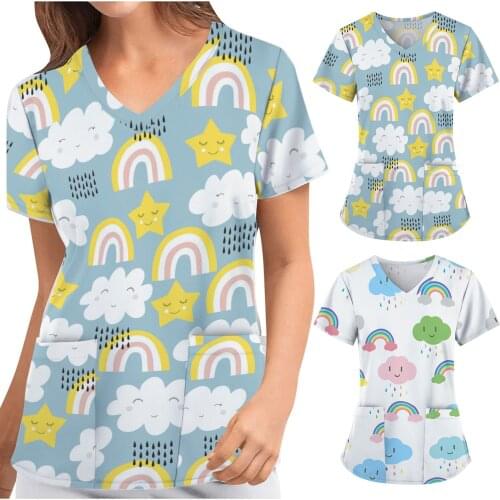 Working Nurse Uniform Tops V Neck Cartoon Clouds Stars Print T-shirts Short Sleeve Nuring Tops for Women Mukoti Yunifomu