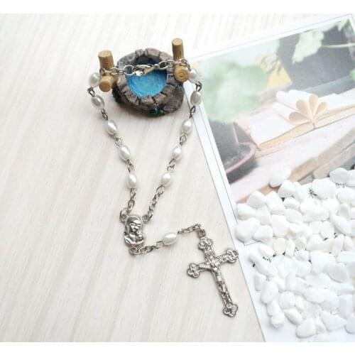 QIGO Religious Jewelry White Glass Pearl Rosary Bracelet Vintage Cross Strand Bracelet Gifts