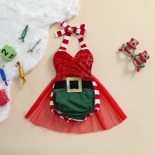 FOCUSNORM Christmas Infant Baby Girls Romper Dress 0-24M Sequined Patchwork Sleeveless Ruffles Lace Jumpsuits