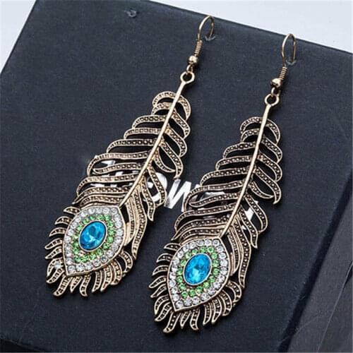 Earrings Vintage Glitzy Dangle Women Gift Feather Hook Rhinestone Peacock Eye