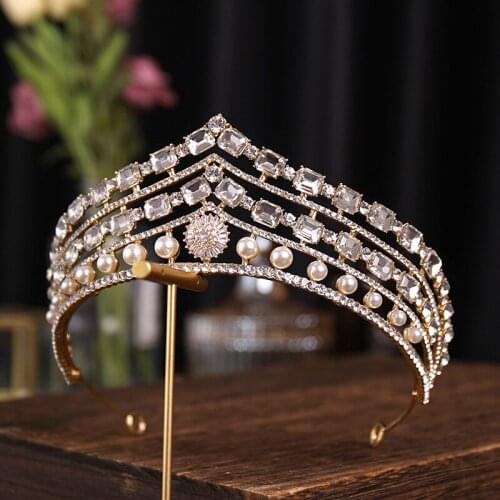 Baroque Bridal Crystal Pearl Crowns Bride Rhinestone Alloy Tiaras For Women Wedding Hair Accessories