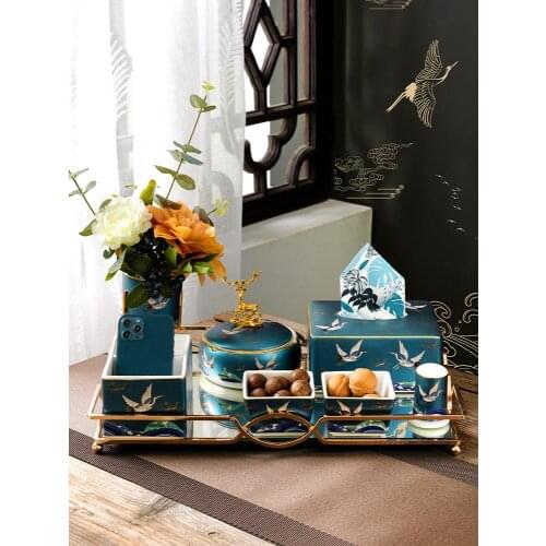New Chinese Style Home Decoration Ceramic Tea Table Decoration Living Room Light Luxury Tray Set National Trendy Style Desktop