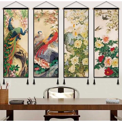 Chinese Flowers Birds Canvas Decorative Painting Printed Posters Peacock Pictures Scroll Painting Gift Home Wall Hanging Decor