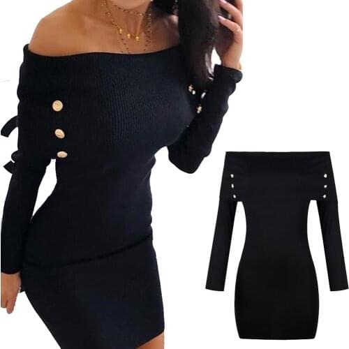 X New Women Sexy Dress Off Shoulder Long Sleeve Mini Dress Slim High Elastic Party Short Slimming Black Dresses