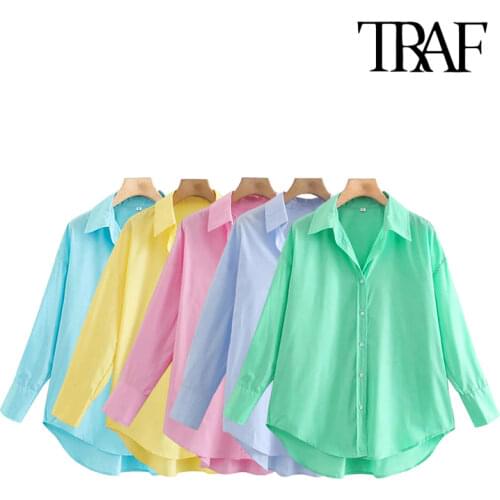 TRAF Women Fashion Loose Asymmetry Poplin Blouses Vintage Long Sleeve Button-up Female Shirts Blusas Chic Tops