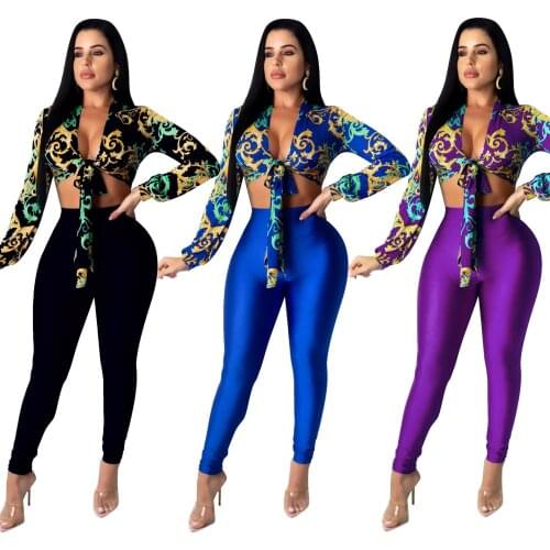 Adogirl Women Sexy Vintage Print Two Pieces Set Long Sleeve Cardigan Crop Top Pencil Pants Suit Tracksuits Fashion Clubwear