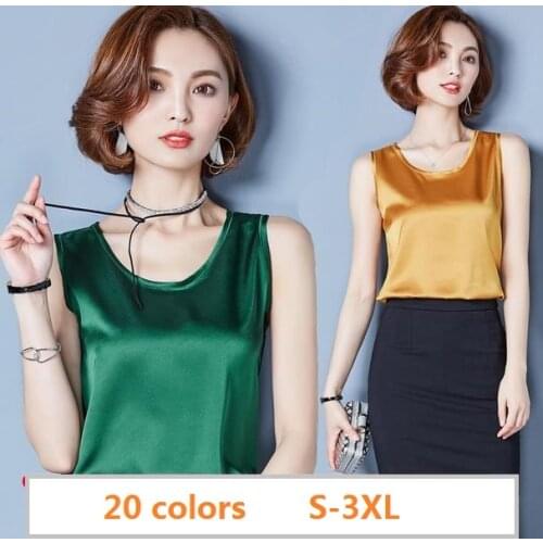 2020 Summer 20 color Plus size sexy O neck satin tank tops women casual loose golssy satin silk camis Girls satin silk tank tops