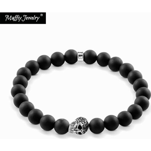 Skull Bead & 8mm Obsidian Beads Bracelet,Europe Style Good Karma Jewelry For Men Women,2017 Fashion Punk Gift In Silver Tou 168