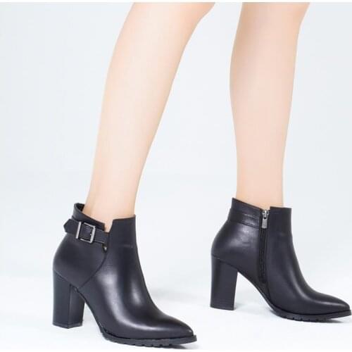 Callizio Women Genuine Leather Boots Ankle High Block Heels Pointed Toe Booties Handmade Luxury Designer Comfortable Breathable Natural Leather Small Size 4 Female Heeled Black Ankle Boots Footwear Shoes for Woman 2021