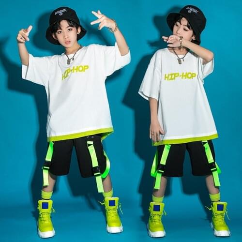 Child Hip Hop Clothes For Girls Boys Loose White T Shirt Neon Green Belt Pants Kids Street Dance Performance Jazz Dance Costumes