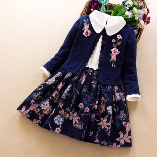 2PCS Kids Girls Clothing Set 2020 Autumn Winter New Baby Girl Embroidered Cotton Sweater Coat+Dress Little Girl Princess Clothes