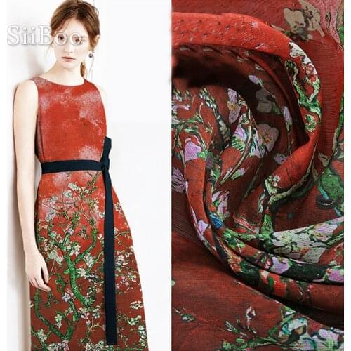 Designer red with floral positioning print linen silk fabric for dress natural silk tissu stoffen tecidos for sewing 14mm SP4785