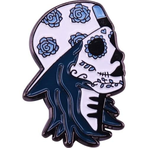 Sugar Skull Skater Enamel Pin Blue Floral Pattern Backwards Hat Badge Punk Girl Art Brooch Mexico Day of the Dead Perfect Decor