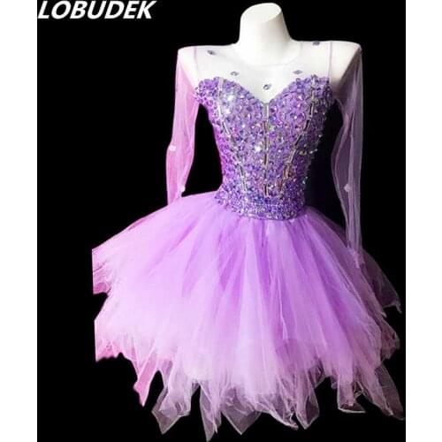 Purple Rhinestones Strapless Bubble Dress Fashion Women Birthday Party Evening Performance Short Dress Singer Nightclub Costume