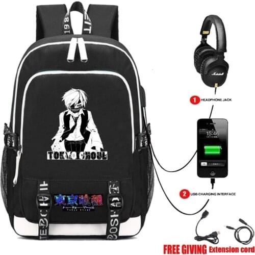 USB Charging Headphone jack Student School Backpack Teenagers travel laptop bag otaku anime Tokyo Ghoul Canvas Backpack 14 style