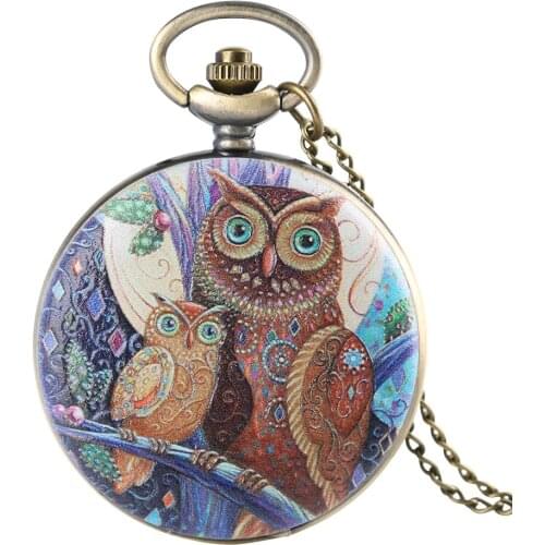 Classic Mens Pocket Watch Owl Pattern Necklace Chain Watches for Boy Quartz Arabic Numeral Pocket Watches for Teenager