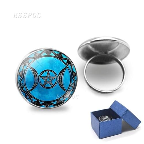 Triple Moon Pentagram Finger Rings Magic Witchy Gothic Photo Glass Cabochon Ring Occult Triple Moon Goddess Sign Jewelry
