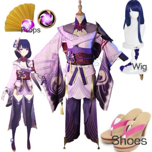 Raiden Shogun Genshin Impact Cosplay Costume Women Purple Dress Anime Game Wig Shoes Headware Halloween Party Roal Play Costume