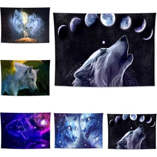Moon Animals Wolf Painting Wall Hanging Tapestry Psychedelic Galaxy Space Boho Decor Dorm Tapestry Sheets Beach Towel Yoga Mat