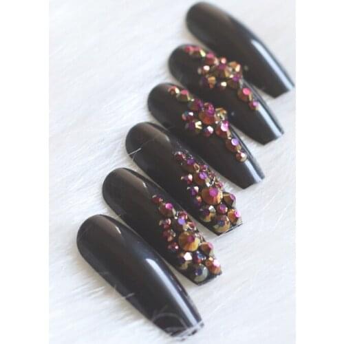 Latest fashion luxury jewelry design long Ballet Coffin fake nails 24pcs crystal diamond black