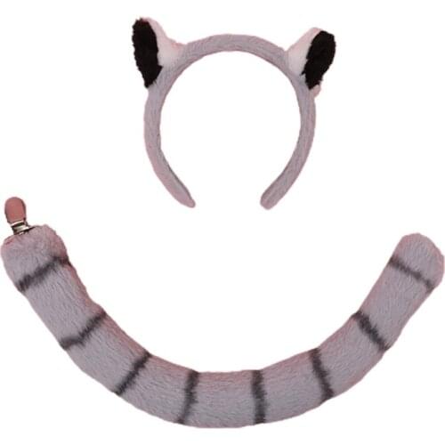 L5YA Faux Fur Animal Headbands Furry Raccoon Ears Headwear Tail Set Kawaii Hair Hoop for Halloween Cosplay Party Supplies