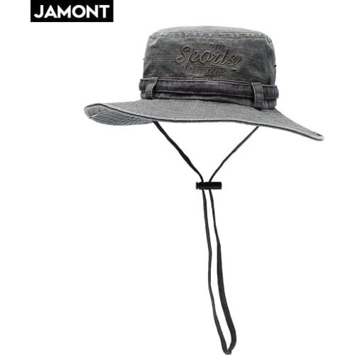 [JAMONT] Outdoor Hiking Cap Bucket Hats 100% Cotton Wide Brim Fishing Hat Men Women Panama Caps Gorras Washed Cowboy Hat