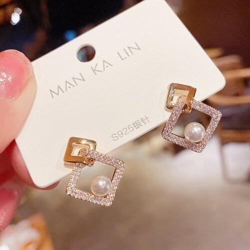 Unique Design Contrast Color Geometric Dangle Earrings for Women Shiny Rhinestone Pearl Dangle Earrings Jewelry Pendientes