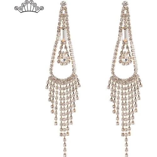 High Quality Rhinestone Long Tassel Party Gold Silver Plated Drop Dangle Earrings For Women Wedding Party Jewelry