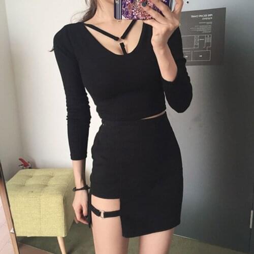 Womens Summer Cotton Sexy Mini Pencil Skirt High Waisted Hollow Out Asymmetric Solid Color Metal Ring Decor Package Hip 69HE