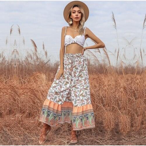 2021 New Elegant Women Skirt Summer Holiday Print Lace-up Waist Split Casual Ladies Long Skirts
