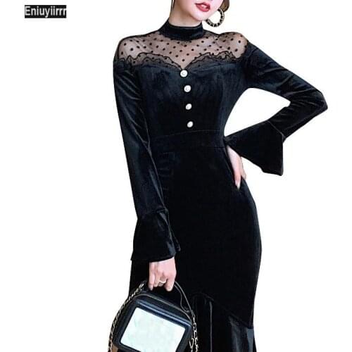 Women 2021 New Year Winter Spring Patchwork Sexy Sheer Mesh French Black Long Elegant Party Velvet Dress
